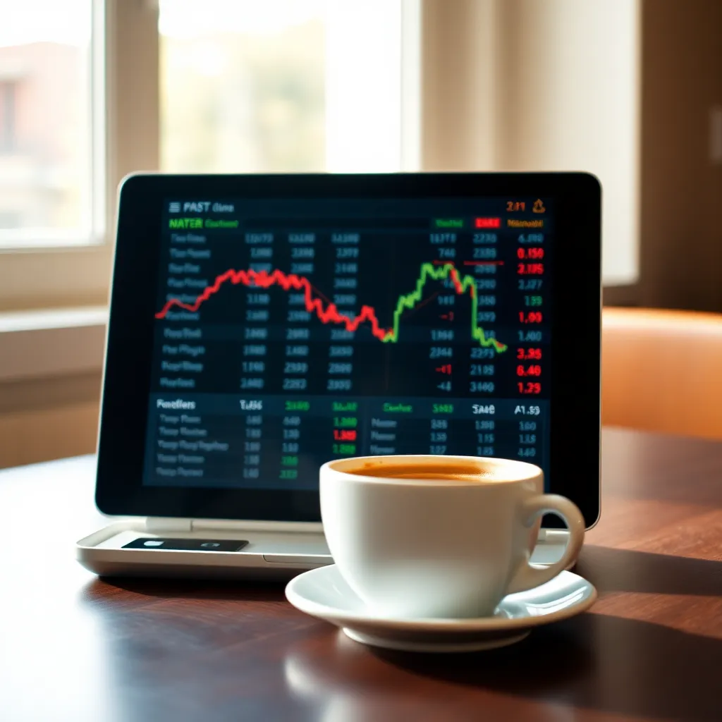 Digital Tablet with Stock Market Data and Coffee This inviting close-up features a digital tablet showcasing vibrant stock market data alongside a steaming coffee cup, creating a perfect blend of work and relaxation. Natural light floods the scene from the window, enhancing the richness of the tablet's colors and the warmth of the coffee. With a shallow depth of field, the focus is drawn sharply to the tablet, while the surrounding elements fade gently into a soft blur. The warm and creamy color palette adds a touch of comfort, making this image ideal for finance-related themes.