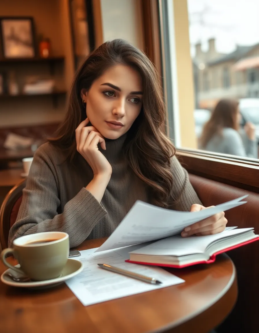 Woman Journaling Financial Goals in Cozy Cafe