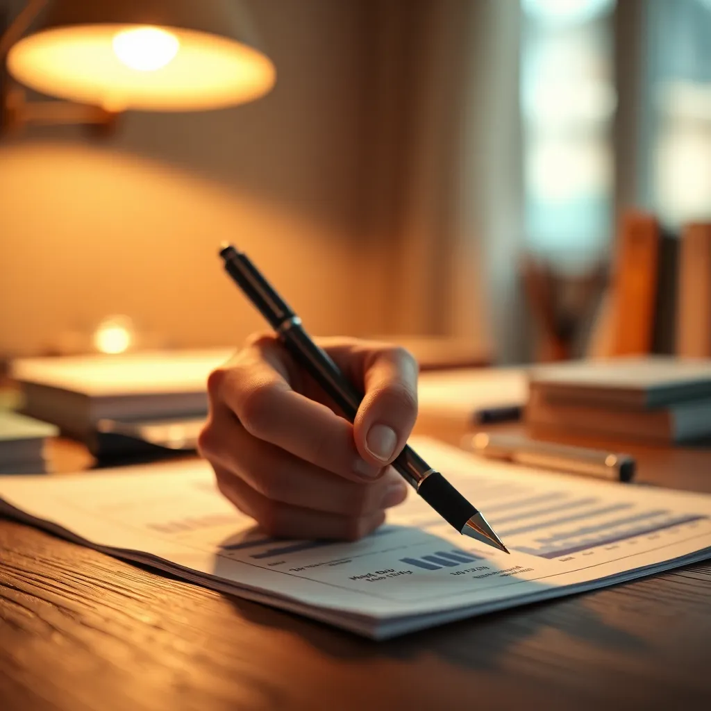 This intimate close-up captures a hand holding a pen over a financial report on a beautifully textured oak desk. The warm tungsten light creates a cozy atmosphere, perfect for focused work. The shallow depth of field emphasizes the details of the pen and hand while allowing the background to melt away. The warm color palette adds softness, inviting viewers into the reflective moment of financial analysis.