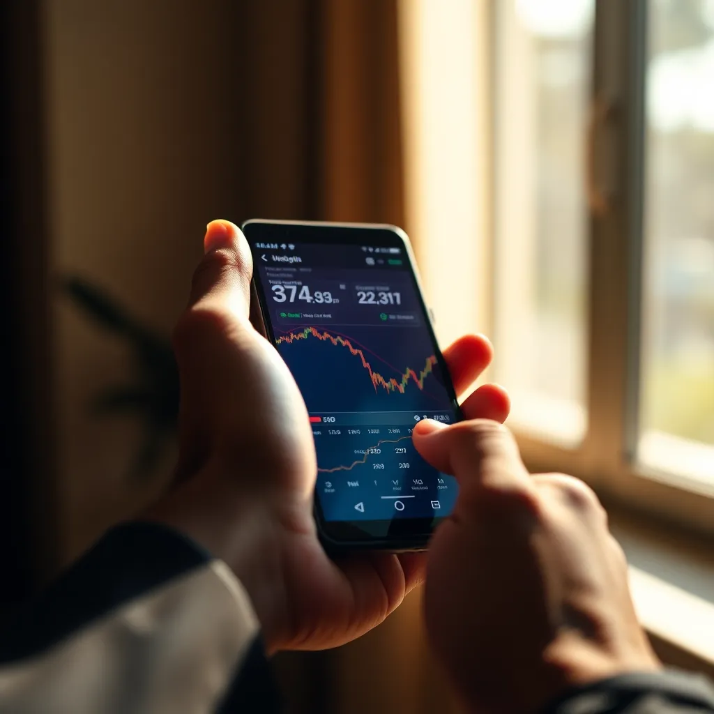 Hand Holding Smartphone with Stock Data