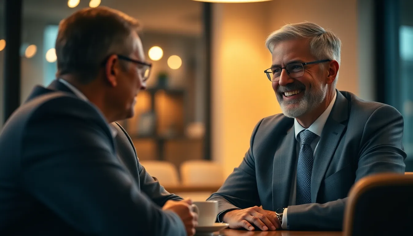 Banker Discussing Finance Over Coffee This engaging image features a middle-aged male banker in a light grey suit, smiling warmly while discussing finance with a client over a cup of coffee. The inviting atmosphere is enhanced by butterfly lighting that casts a soft glow on his face. With creamy bokeh in the background, the focus remains on their friendly interaction. The warm tones and creamy highlights evoke an approachable vibe, while the centered composition emphasizes the intimacy of their conversation.