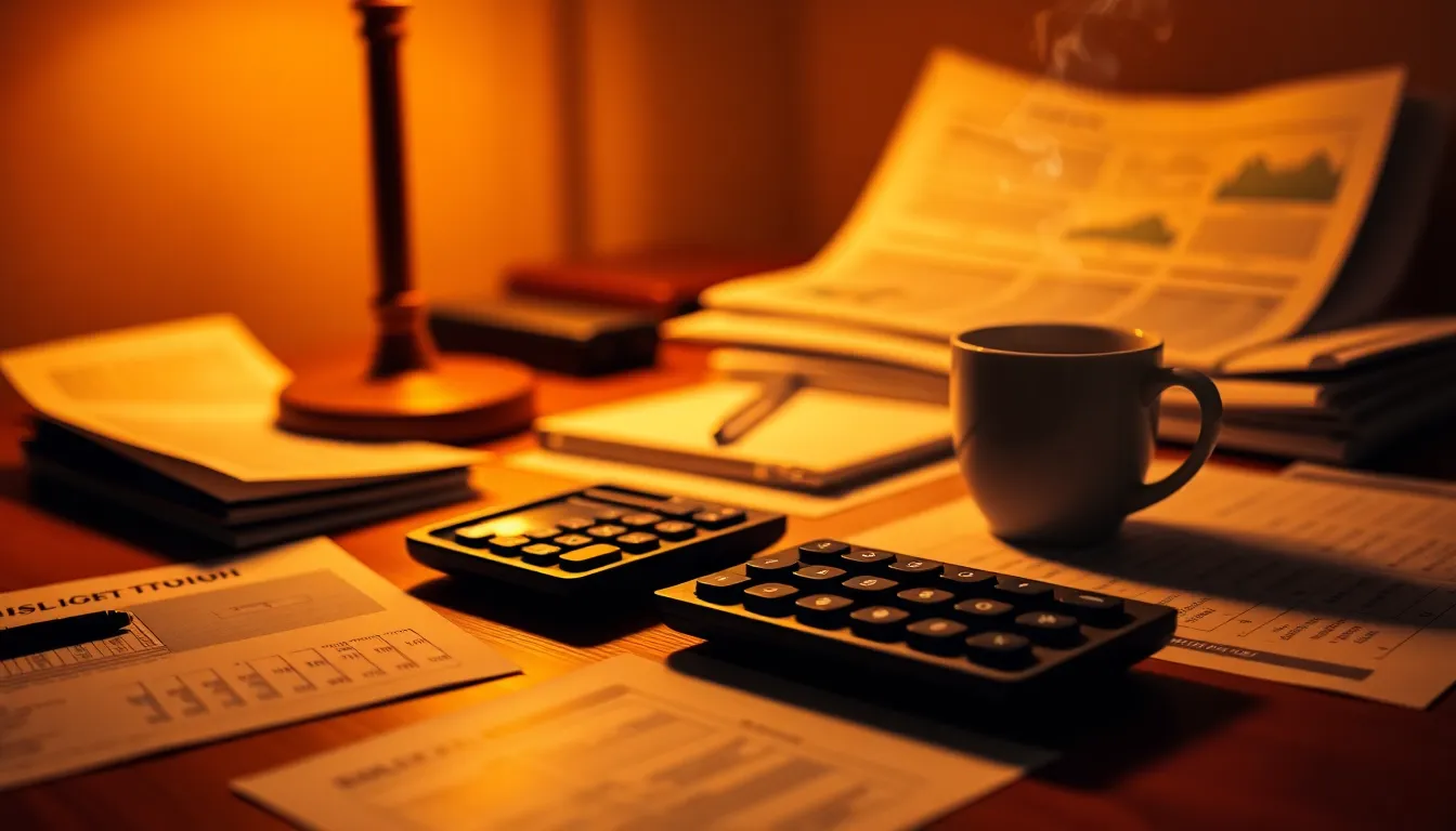 Late Night Finance Work with Calculator and Coffee