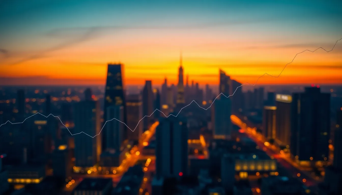 Urban Skyline with Financial Graph Overlay