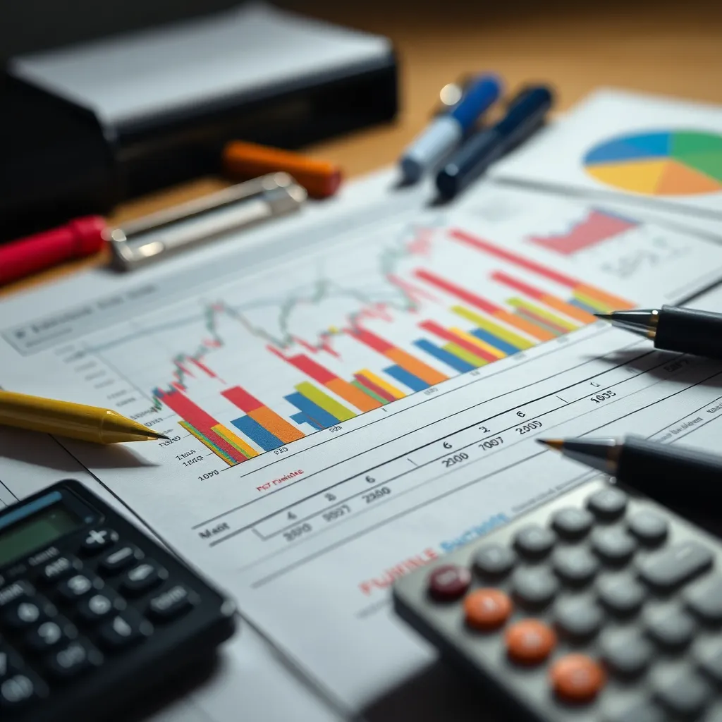 Close-Up of Paper Financial Chart A vibrant close-up shot showcases a paper financial chart with colorful graphs, surrounded by office supplies. The bright studio lighting illuminates every detail of the textured paper and the rich colors of the charts. This macro perspective emphasizes the importance of data in finance, creating a striking and engaging visual. The soft blur of pens and a calculator in the background adds context without distracting from the main focus.