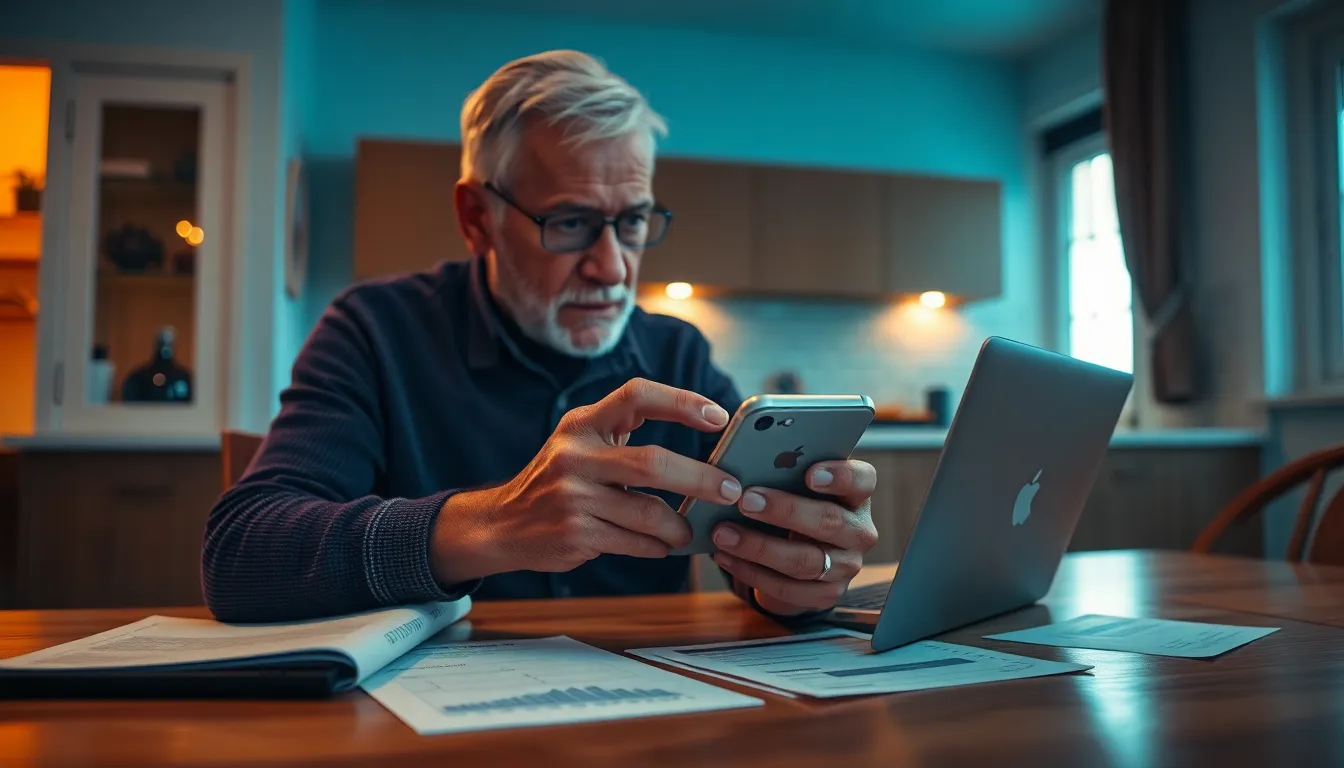 Elderly Man Navigating Fintech Solutions An elderly man is seated at a modern kitchen table, intently navigating fintech solutions on his smartphone. The dramatic Rembrandt lighting from the left highlights his features, and the cinematic teal and orange color grading adds warmth to the scene. The hyperfocal depth ensures everything is sharp, including the surrounding financial documents. This image captures the growing accessibility of technology for all ages, making it ideal for fintech product promotions and articles emphasizing inclusivity.