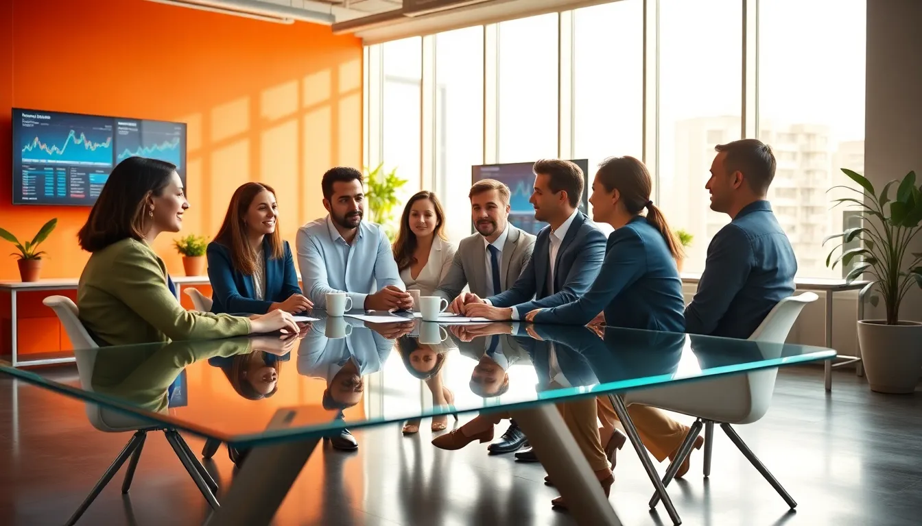Diverse Team Collaboration in Fintech Office This image features a diverse team of professionals collaborating in a modern fintech office. Warm daylight flows through large windows, highlighting their engaged expressions and the sleek glass table they gather around. Financial charts displayed on high-tech screens add a vibrant touch, while a cool color palette balances the scene. The composition uses the rule of thirds to create a harmonious focus on teamwork and innovation in a dynamic workplace.