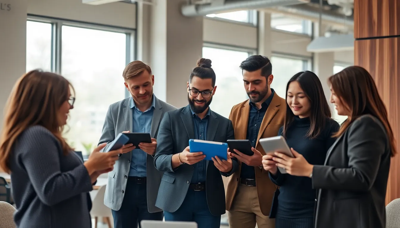 Diverse Team Discussing Fintech Innovations A dynamic scene showcasing a diverse group of finance professionals actively discussing fintech innovations around a sleek conference table. The soft, diffused natural light pours in through large windows, setting a collaborative mood. The varied expressions on their faces reflect engagement and creativity, with digital devices highlighting the modernity of the fintech industry. The earthy tones of the office space combined with the bright blue screens create an inviting yet professional atmosphere.