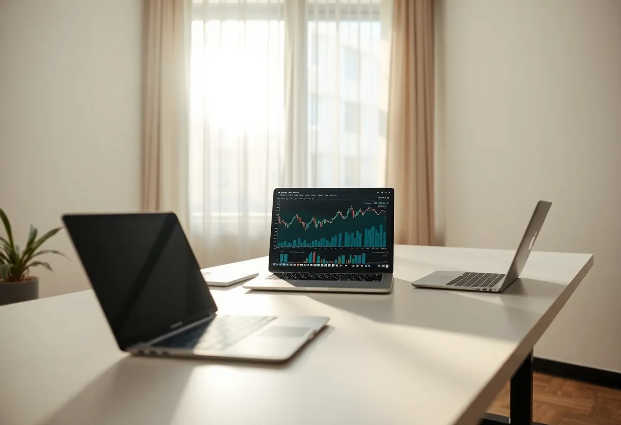 Minimalist Fintech Startup Workspace A high-angle view of a clean, minimalist fintech startup workspace reveals a sleek white table with laptops and financial graphs displayed on screens. Soft natural light floods the scene, creating an inviting atmosphere with dappled sunlight filtering through sheer curtains. The shallow depth of field emphasizes the laptop screen, while the gently blurred background enhances focus. With a muted earth-toned palette, this image embodies the calm yet dynamic energy of a fintech innovation hub.