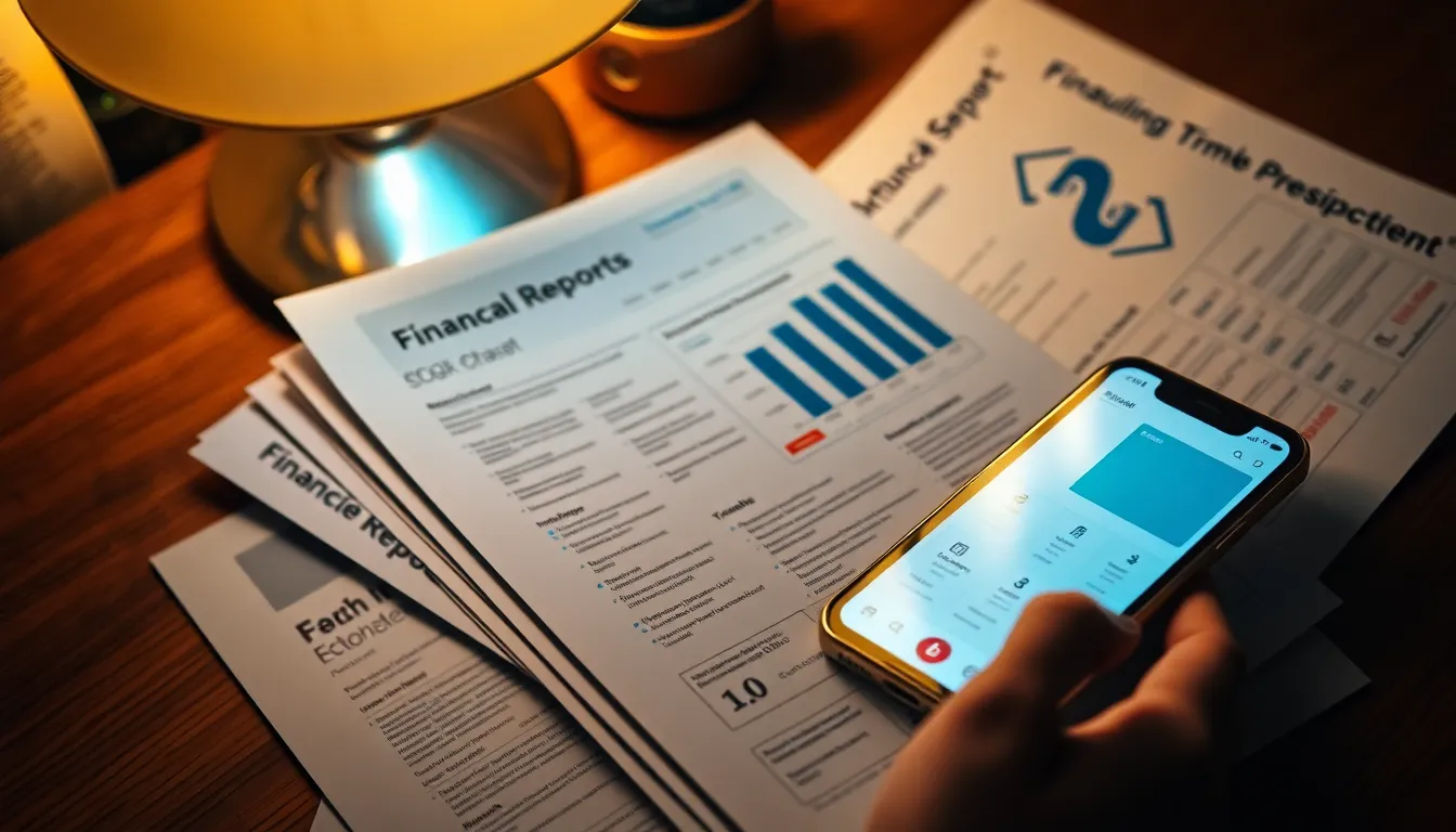 Detailed Fintech Reports and Smartphone Device A close-up of a collection of financial reports and a smartphone, illuminated by warm tungsten light creating a cozy and inviting atmosphere. The shallow depth of field emphasizes the intricacies of the papers and the vibrant colors on the smartphone's fintech application interface. The composition captures the tactile nature of the reports alongside modern technology, making it an ideal visual representation for financial technology discussions and promotions.