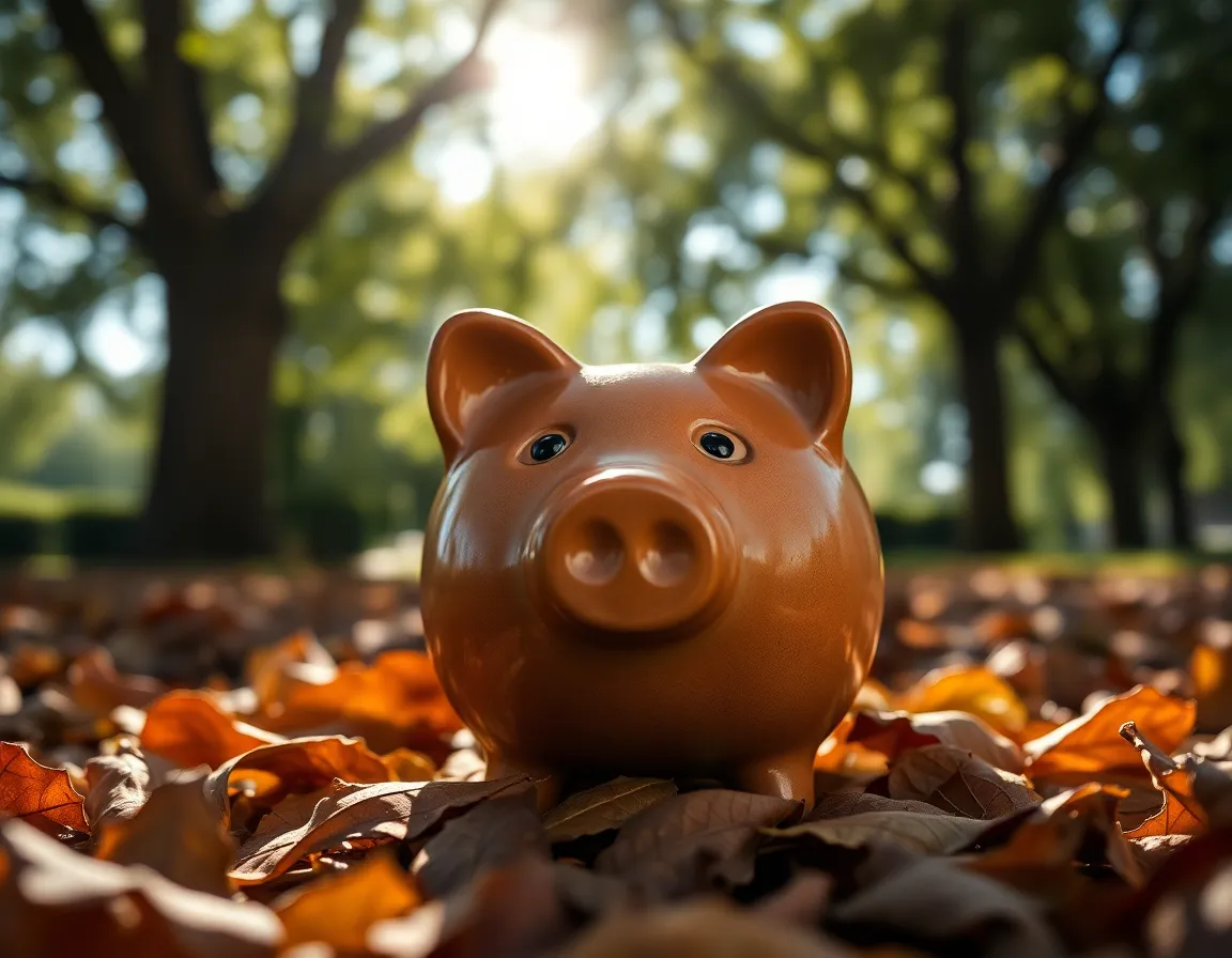 Ceramic Piggy Bank in Nature A beautifully detailed ceramic piggy bank sits nestled among fallen leaves in a tranquil outdoor setting. Dappled sunlight filters through the tree canopy, casting gentle highlights on the bank's surface, showcasing its handcrafted details. The earthy color palette enhances the natural connection to saving and investment. This centered composition evokes peacefulness, making it an ideal representation of personal finance in harmony with nature.