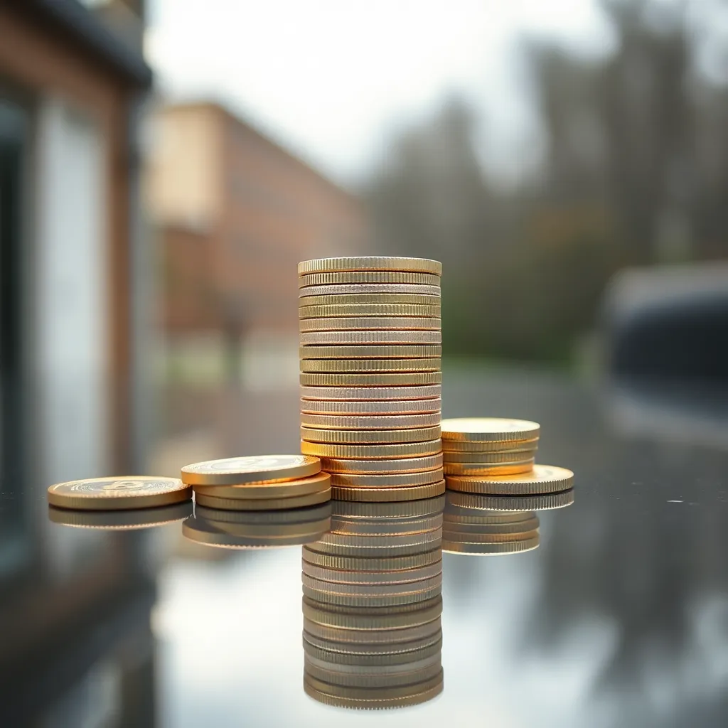 Close-Up of Digital Currency Coins A stunning macro shot of digital currency coins stacked artfully on a reflective glass surface. The overcast natural light enhances the texture and details of each coin, creating a sense of depth. With hyperfocal focus, both the coins and the glass reflect a sophisticated blend of modern finance and innovation. The muted color tones evoke a professional ambience, making this image ideal for fintech related themes.