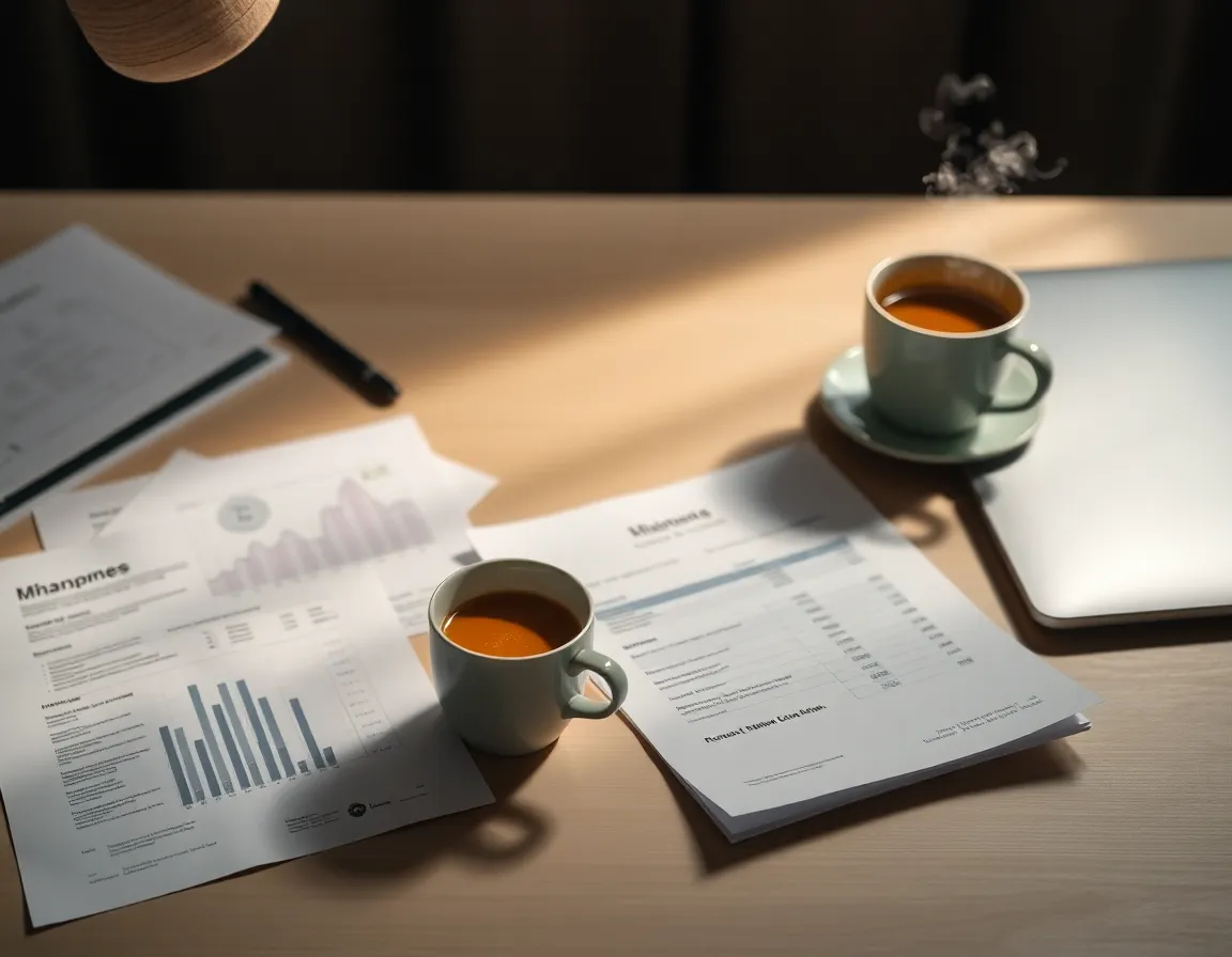 Professional Workspace with Financial Reports and Coffee