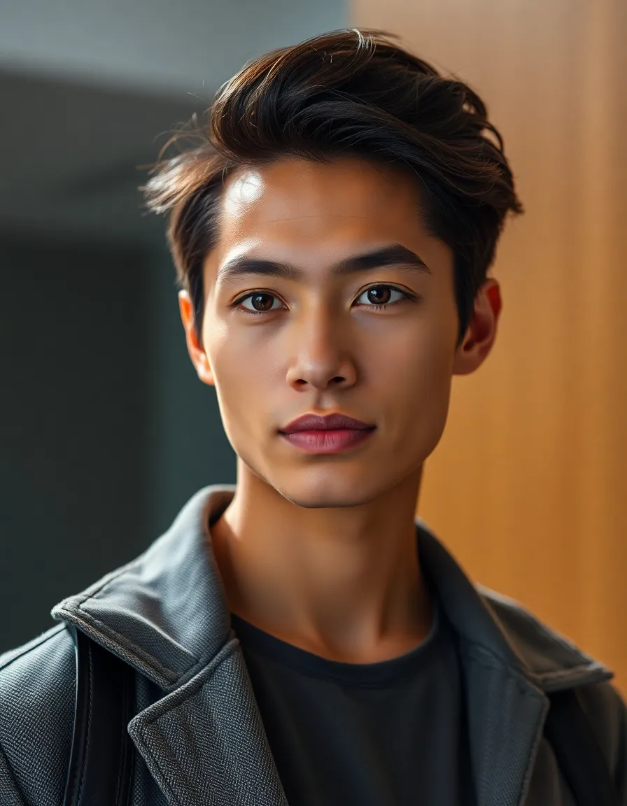 Model Showcasing Modern Fintech Fashion In a professional studio setup, a model dressed in smart casual attire embodies the essence of the modern workforce engaged in fintech. The lighting is meticulously crafted to highlight natural skin textures and features, enhancing the warmth of the scene. With the model's expression conveying confidence and poise, the composition draws the viewer's eye using the rule of thirds. The soft color tones, inspired by Kodak Portra 400, add a touch of sophistication to this image reflecting the integration of fashion and finance.