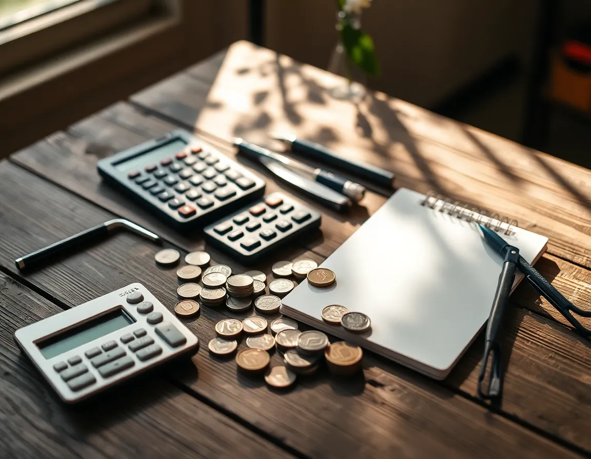 Flat Lay of Financial Tools on Wooden Table