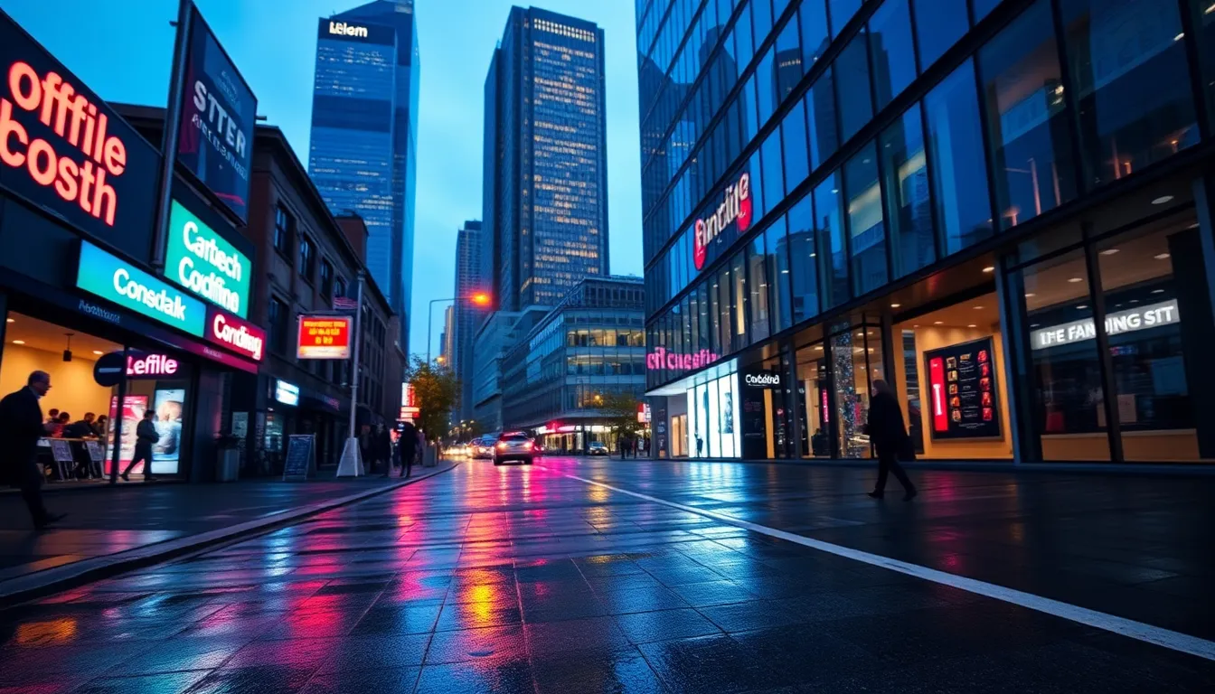 Urban Fintech Office Surrounded by City Lights An urban fintech office stands prominently amidst a bustling city scene captured during dusk when neon signs cast vibrant reflections onto the wet pavement. The hyperfocal distance ensures sharpness across the entire image, while the natural muted tones highlight the deep blues and purples of the skyline. Leading lines from the storefronts guide the viewer's eye towards the office, embodying the vibrant energy of financial technology in an urban environment.