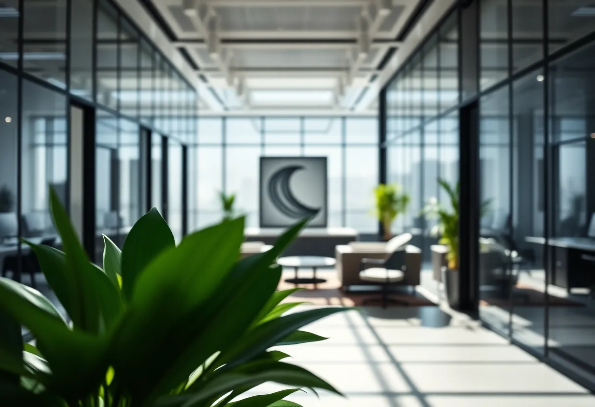 Stylish Fintech Office Interior This image showcases a modern fintech office interior, emphasizing minimalism and contemporary design. Glass walls and stylish furniture create an open, inviting atmosphere, illuminated by natural light. Leafy plants add a touch of greenery, enhancing the workspace's calming ambiance. With its cool color palette and thoughtful composition, this image serves as an excellent representation of innovation and professionalism in the fintech sector.