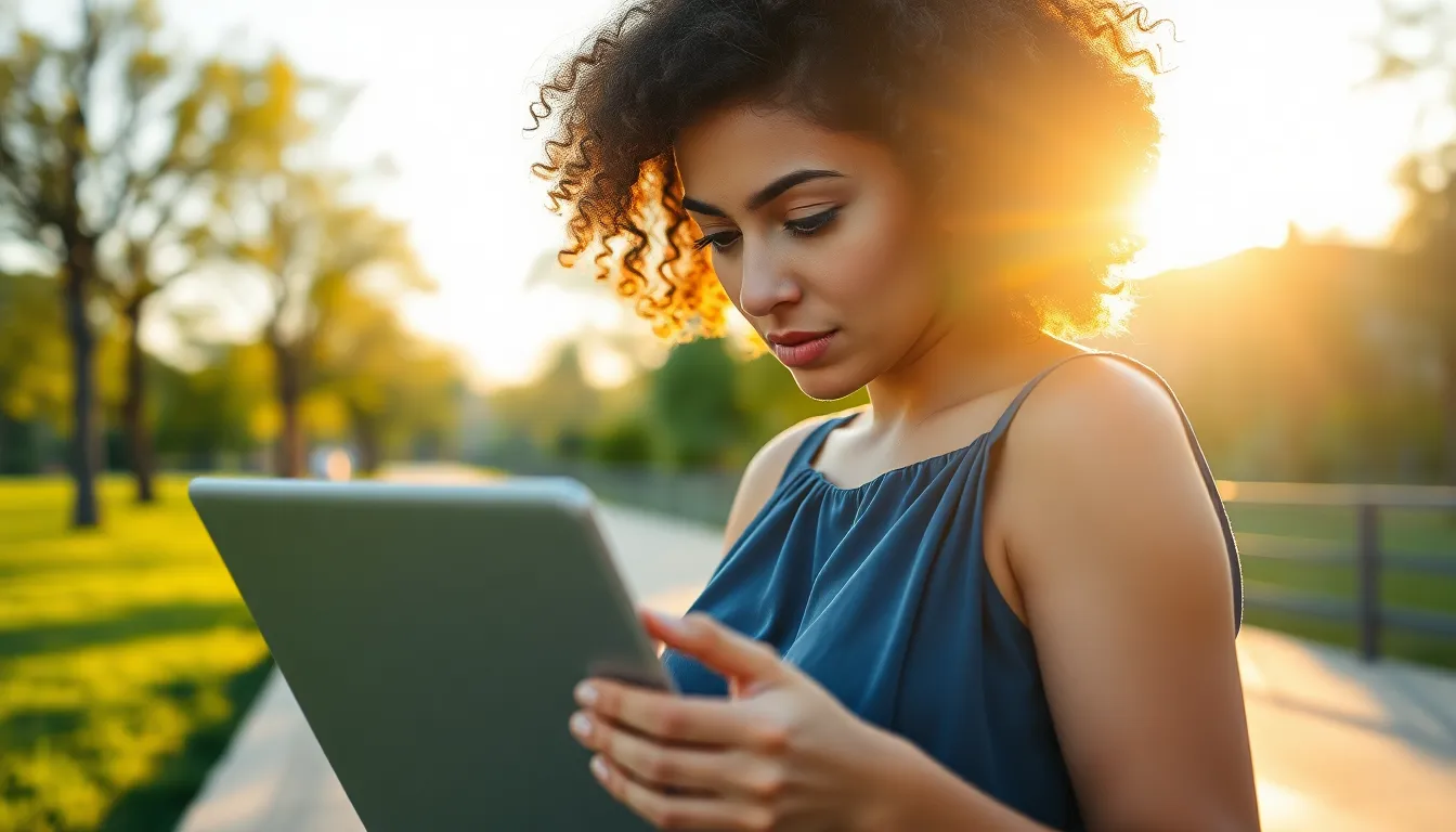 Young Woman Analyzing Fintech Data Outdoors A young woman sits in a vibrant park during golden hour, analyzing data on her laptop while surrounded by nature. Bright sunlight creates warm rim light around her, with selective focus on her eyes drawing attention to her concentration. The saturated colors and lush greenery combine with the leading lines of the walkway to create a dynamic composition. This scene beautifully represents the new era of fintech integration into everyday life, perfect for articles and blog posts.