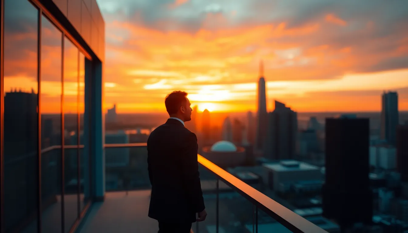Financial Analyst Overlooking City Skyline A powerful image of a financial analyst standing on a balcony, gazing over a stunning city skyline during golden hour. The warm rim light highlights their figure against the backdrop of a vibrant sunset, creating a dynamic contrast. The selective focus draws attention to the analyst’s contemplative expression, symbolizing the forward-thinking nature of the fintech industry. This composition captures the essence of ambition and opportunity in the urban finance landscape.
