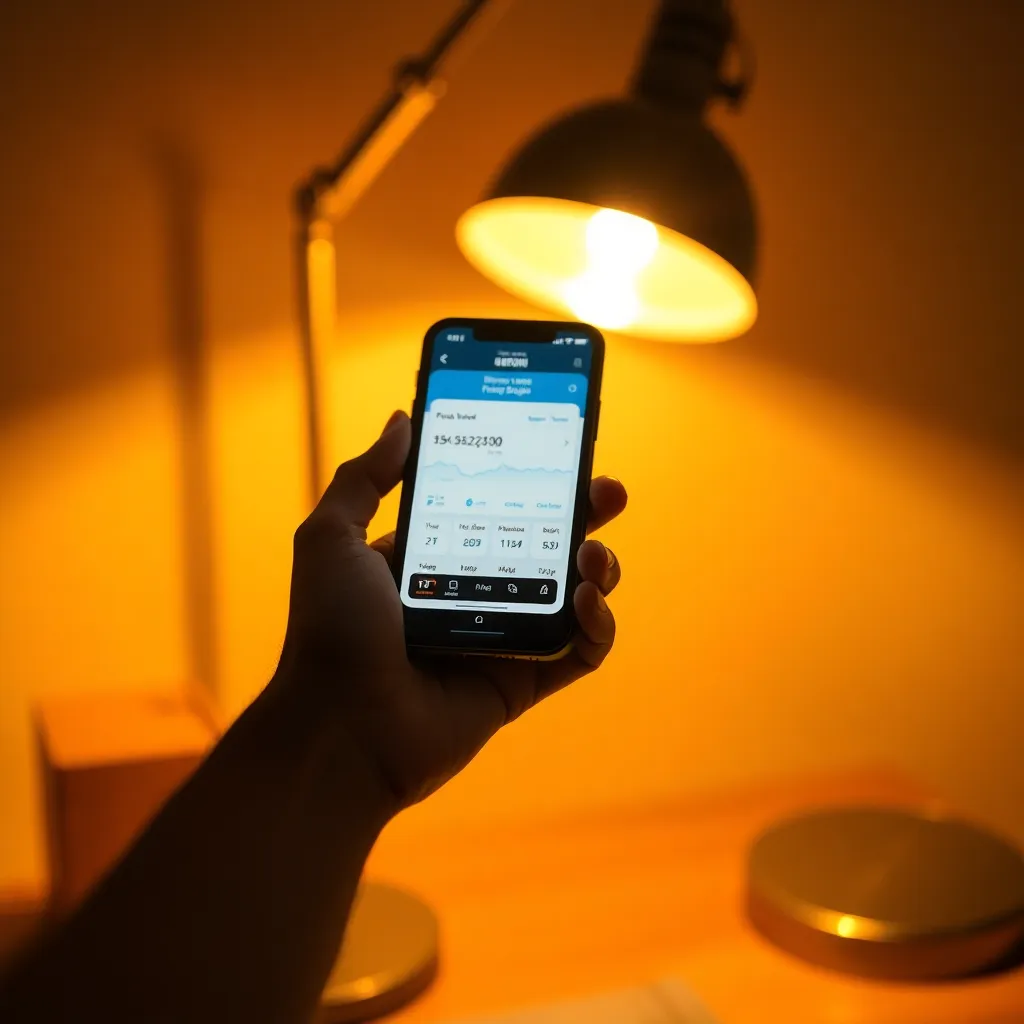 This dynamic close-up captures a hand holding a smartphone that showcases an innovative fintech application. The warm glow from a tungsten desk lamp creates a cozy atmosphere, enhancing the appeal of the tech being used. The background melts into a soft blur, ensuring the app’s details are the main focus. The natural skin tones add an organic touch to this modern finance scene, showcasing the intersection of technology and personal finance.