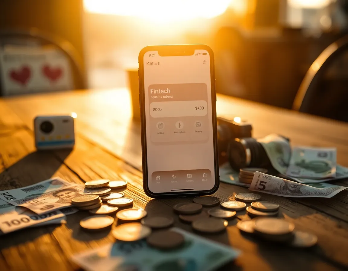 Fintech Mobile App on Currency Background This close-up image captures a smartphone displaying a fintech app amidst scattered currency notes and coins on a rustic wooden table. Bathed in golden hour light, the scene radiates warm highlights and soft shadows that enhance the visual appeal. The shallow depth of field isolates the smartphone, emphasizing its importance in the world of finance. Rich earthy colors and textures of the currency add depth, drawing viewers into the modern fintech experience.