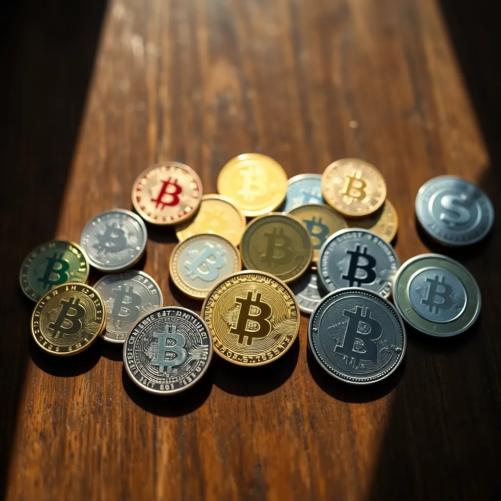 Assorted Cryptocurrencies on Wooden Table An overhead view showcases an array of cryptocurrencies meticulously arranged on a textured wooden table. Natural light enhances the intricate details and unique textures of each coin, while a shallow depth of field adds a dreamy quality to the background. The vibrant colors inspired by Fujifilm Velvia create striking contrasts, making the image visually appealing. This representation embodies the essence of fintech and digital finance.