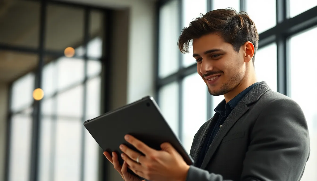 Focused Entrepreneur Reviewing Fintech Data A young entrepreneur deeply focused on analyzing fintech data displayed on a tablet. The soft overcast daylight filters through the large office windows, creating a calm and professional atmosphere. The muted earth-toned colors enhance the modern office setting, while the shallow depth of field draws attention to the subject's thoughtful expression and natural skin texture. This image captures the essence of innovation in the financial technology space, perfect for articles and reports.