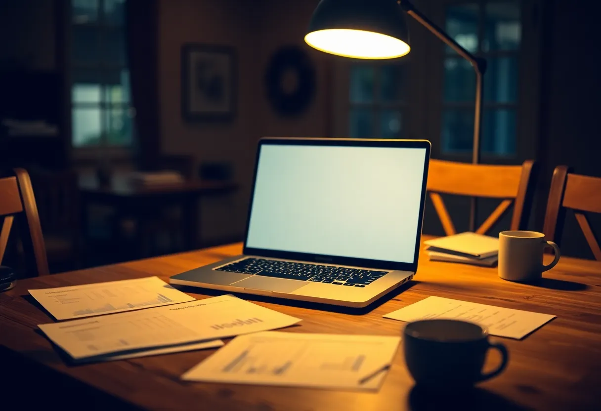Fintech Workspace with Laptop and Documents An inviting close-up of a fintech workspace, where a sleek laptop sits amidst financial documents on a rustic oak table. The warm light from a desk lamp creates an intimate atmosphere, highlighting the details of the laptop screen and paperwork. With a shallow depth of field, the background softly fades, drawing attention to the organized yet casual setup. This image encapsulates the modern finance environment, combining technology and traditional office elements.