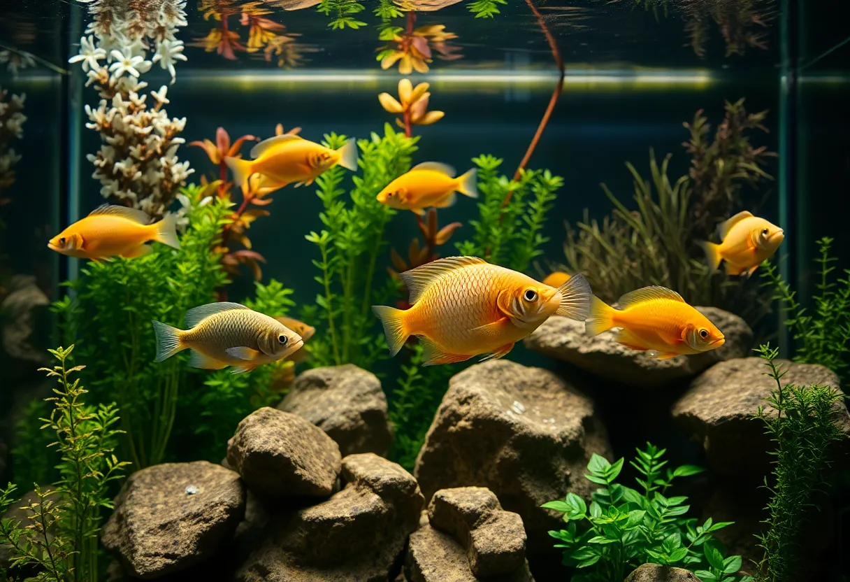 This macro shot captures a stunning aquarium filled with diverse fish species swimming gracefully amongst lush aquatic plants and intricately arranged rocks. The fish glisten under professional studio lighting, illuminating the unique textures of their scales against a backdrop of vibrant greens and earthy browns. The careful composition draws the viewer in, with clear reflections adding to the sense of depth in this underwater oasis. The serene atmosphere invites a moment of tranquility and admiration for aquatic life.