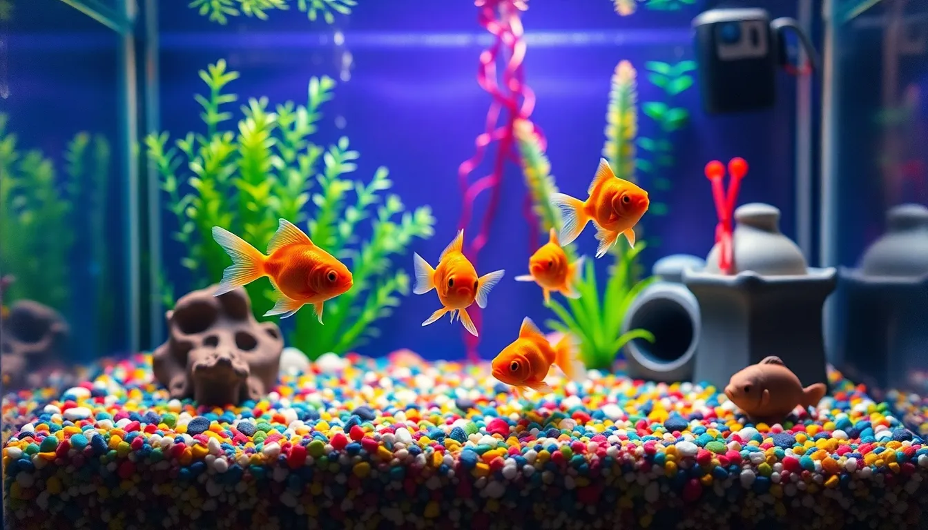 This vibrant photograph features a charming setup of aquarium gravel, plants, and decorative items, with a small group of goldfish gracefully swimming in a lively home aquarium. Practical warm lighting from a nearby lamp casts soft shadows, enhancing the rich colors and textures present in the tank. The shallow depth of field creates a dreamy backdrop, allowing the goldfish to stand out beautifully against their environment. The centered symmetrical composition draws the viewer's eye directly to the fish, creating an engaging and colorful aquatic scene.