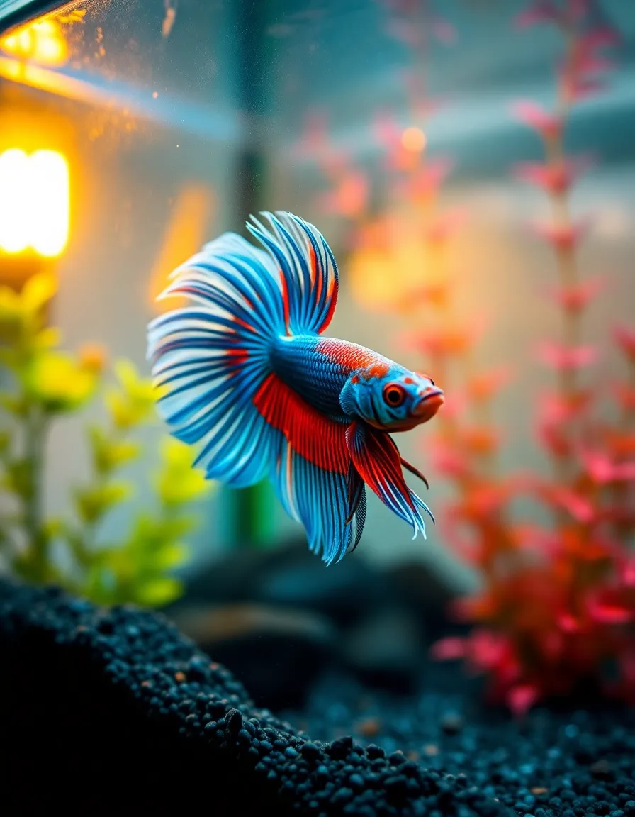 This intimate photograph captures a vibrant betta fish gracefully swimming in its home aquarium. The warm tungsten lighting creates a cozy atmosphere, highlighting the intricate textures of the betta's flowing fins and vivid colors. With a shallow depth of field, the background blurs gently, drawing focus to the subject and creating a stunning visual impact. The composition celebrates the beauty of the betta, making it a captivating focal point in this serene aquatic environment.