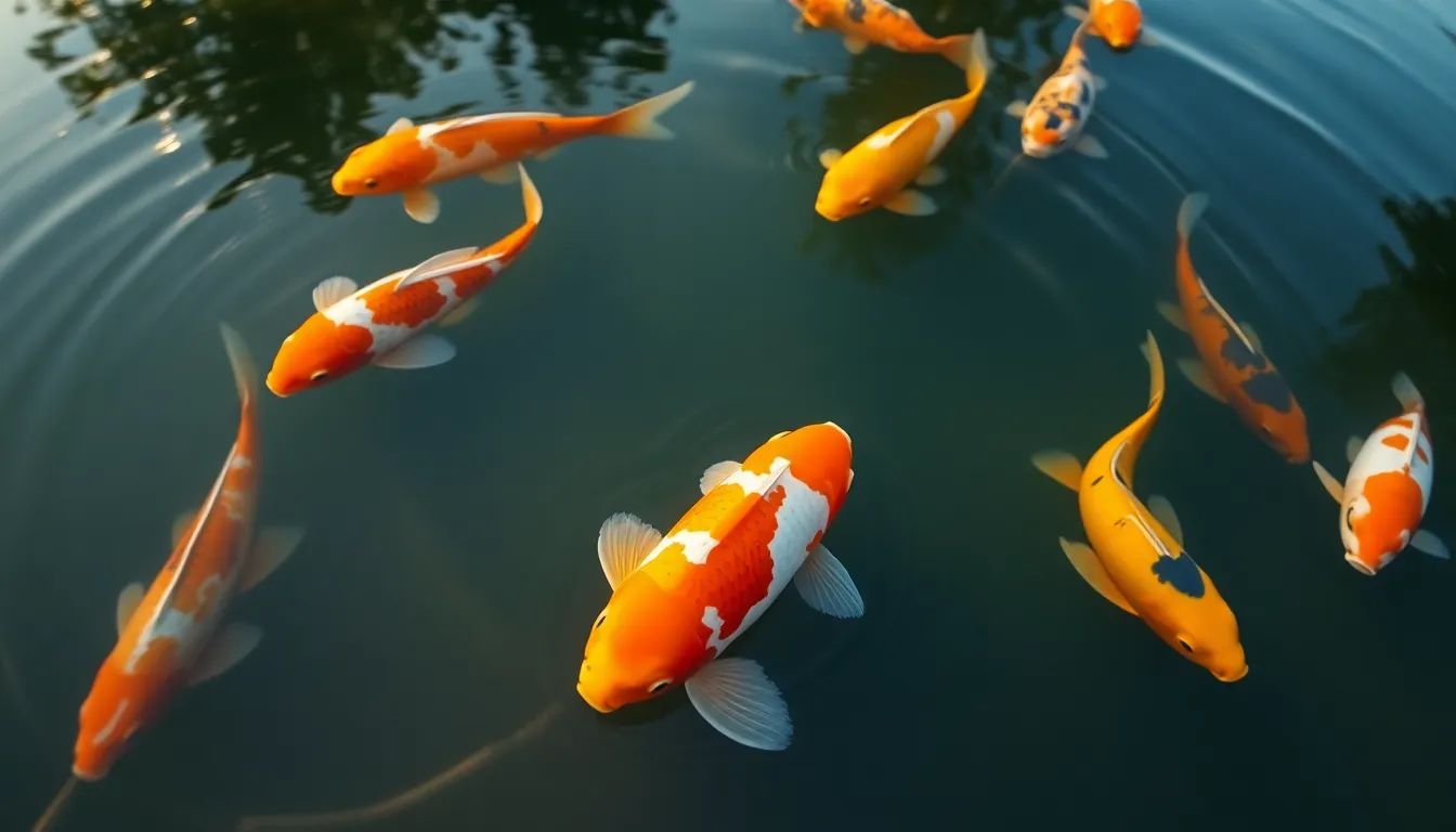 This tranquil dawn scene captures a koi pond with beautifully colored koi fish effortlessly swimming through crystal-clear water. The golden hour light casts a warm glow, highlighting the vibrant hues of the fish against the lush greens surrounding the pond. The shallow depth of field draws attention to the koi while softening the background, creating a peaceful and dreamy atmosphere. The symmetrical composition evokes balance and harmony, inviting viewers to experience this serene moment in nature.