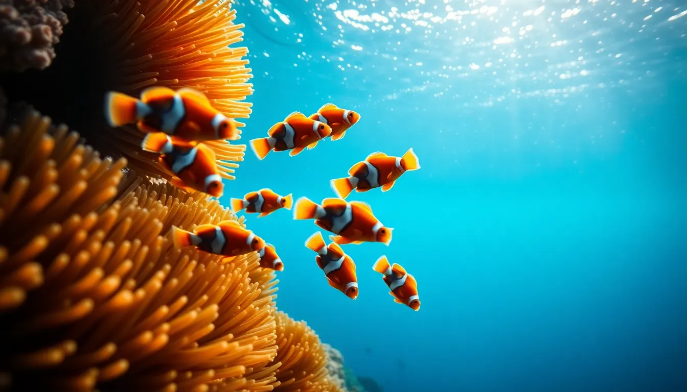 This stunning underwater photograph features a school of clownfish darting amongst vibrant sea anemones. The soft sunlight filtering through the ocean surface creates a mesmerizing shimmer, highlighting the vivid colors of the fish and the lush greens of the anemones. The shallow depth of field draws attention to the clownfish while providing a dreamy, tranquil atmosphere. The composition masterfully uses leading lines to guide the viewer’s gaze, creating an immersive aquatic experience.