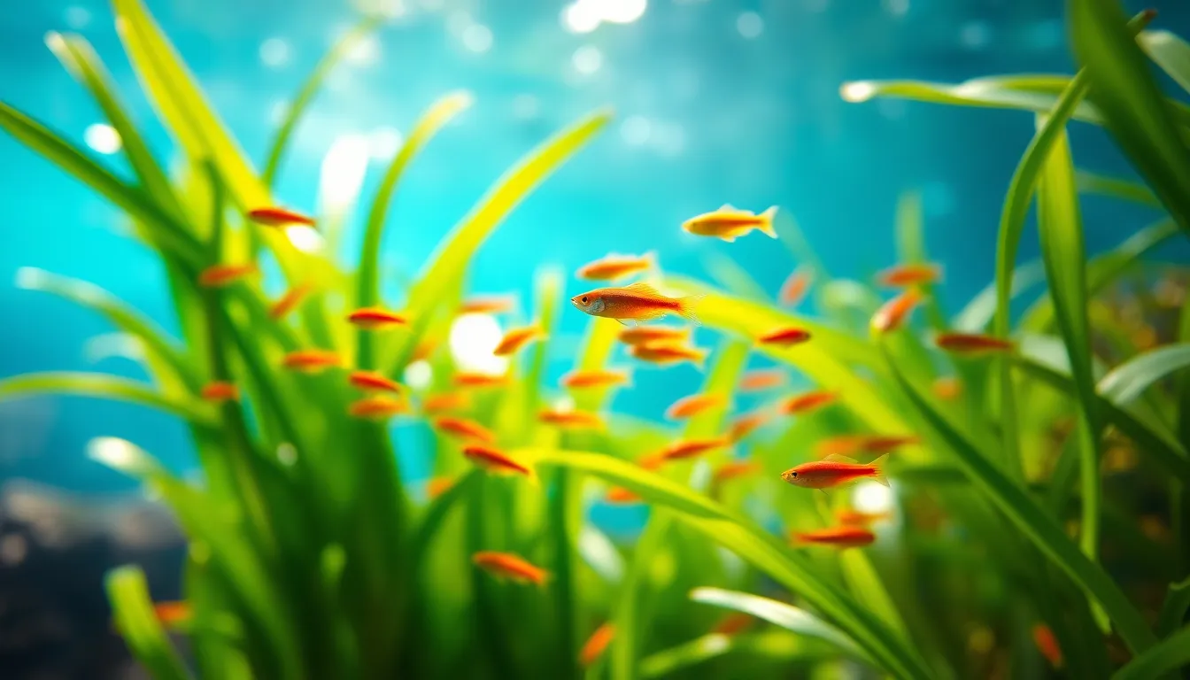 This stunning underwater photograph captures a vibrant school of neon tetra gracefully swimming among lush green aquatic plants. The soft, dappled sunlight filtering through the water adds a magical quality to the scene, enhancing the rich blues and greens while highlighting the bright colors of the fish. The shallow depth of field creates a soft, dreamy background, making the tetra stand out as the focal point in a beautifully composed frame.