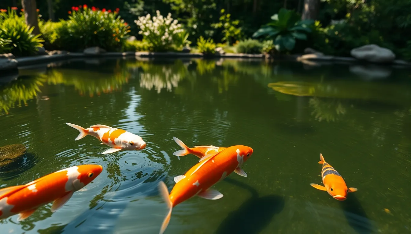 This exquisite photograph presents a Koi pond located in a tranquil garden setting, capturing the beauty of colorful Koi fish swimming gracefully through the clear water. Soft morning light gently reflects off the pond's surface, enhancing the vibrant hues of the fish against the lush green backdrop. The composition strategically uses the rule of thirds, creating a balanced visual experience that evokes a sense of peace. Delicate ripples on the water's surface add texture and life to the scene, making it a perfect representation of serenity in nature.
