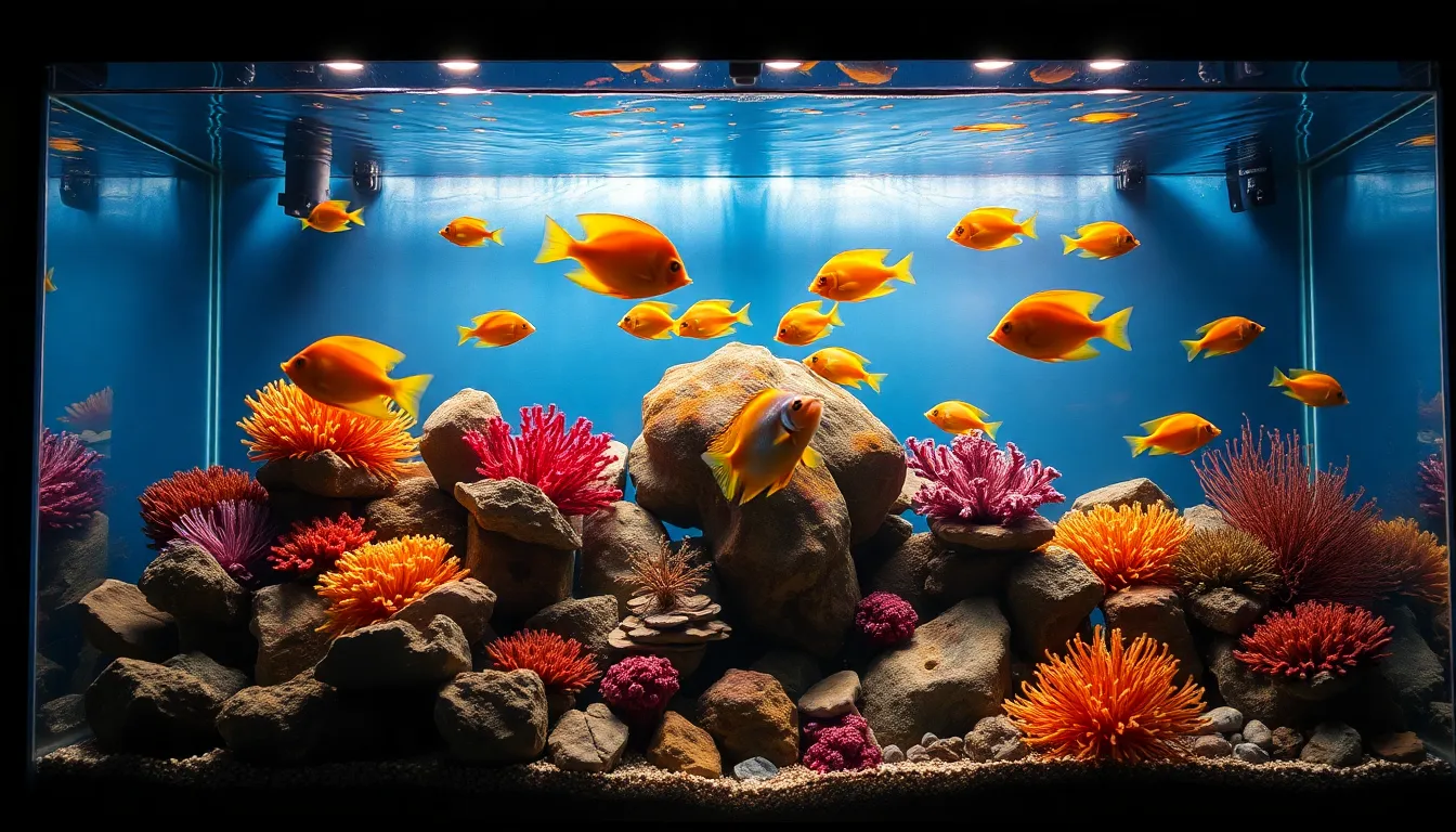 This inviting photograph captures a beautifully arranged home aquarium filled with tropical fish swimming among vibrant coral and decorative stones. Warm tungsten lights illuminate the setup, creating gentle reflections on the water's surface and enhancing the lively color palette of oranges, yellows, and blues. The hyperfocal distance ensures every detail is in sharp focus, adding depth to the scene. The leading lines of the aquarium's layout guide the viewer’s eye toward a lively cluster of fish, making it an ideal representation of aquatic life.