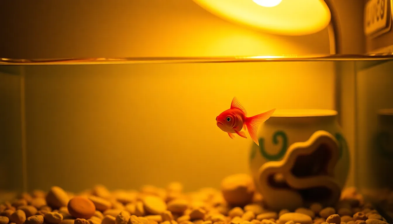 A charming scene featuring a playful goldfish swimming joyfully in its aquatic home, illuminated by the warm glow of a tungsten lamp. The thoughtful composition and warm colors create a cozy atmosphere, drawing attention to the fish's vibrant coloration against textured ceramic decorations. This image highlights the beauty of keeping fish as pets, inviting viewers to experience the serene joy of aquatic life.