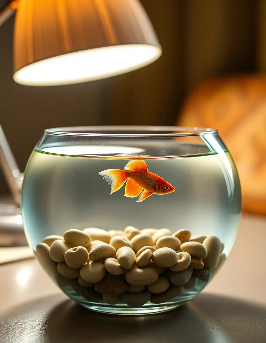 This elegantly styled image showcases a vibrant betta fish swimming gracefully in a glass bowl, surrounded by decorative pebbles. The warm tungsten light creates a cozy atmosphere, enriching the natural muted colors of the scene. With hyperfocal clarity, every detail from the smooth pebbles to the delicate fins of the fish is sharply depicted. The symmetrical composition draws the viewer's eye directly to the center of the bowl, creating a serene focal point.