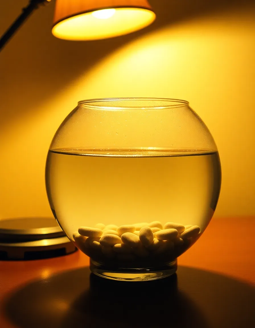 A charming goldfish glides gracefully through its small glass bowl, surrounded by colorful pebbles and small aquatic plants. The warm light from a nearby desk lamp creates a cozy atmosphere, highlighting the delicate textures of the glass. The image captures a serene moment, inviting viewers to appreciate the simplicity and beauty of keeping fish as pets. The goldfish's bright orange scales shine against the warm tones of the setting, creating a stunning visual.