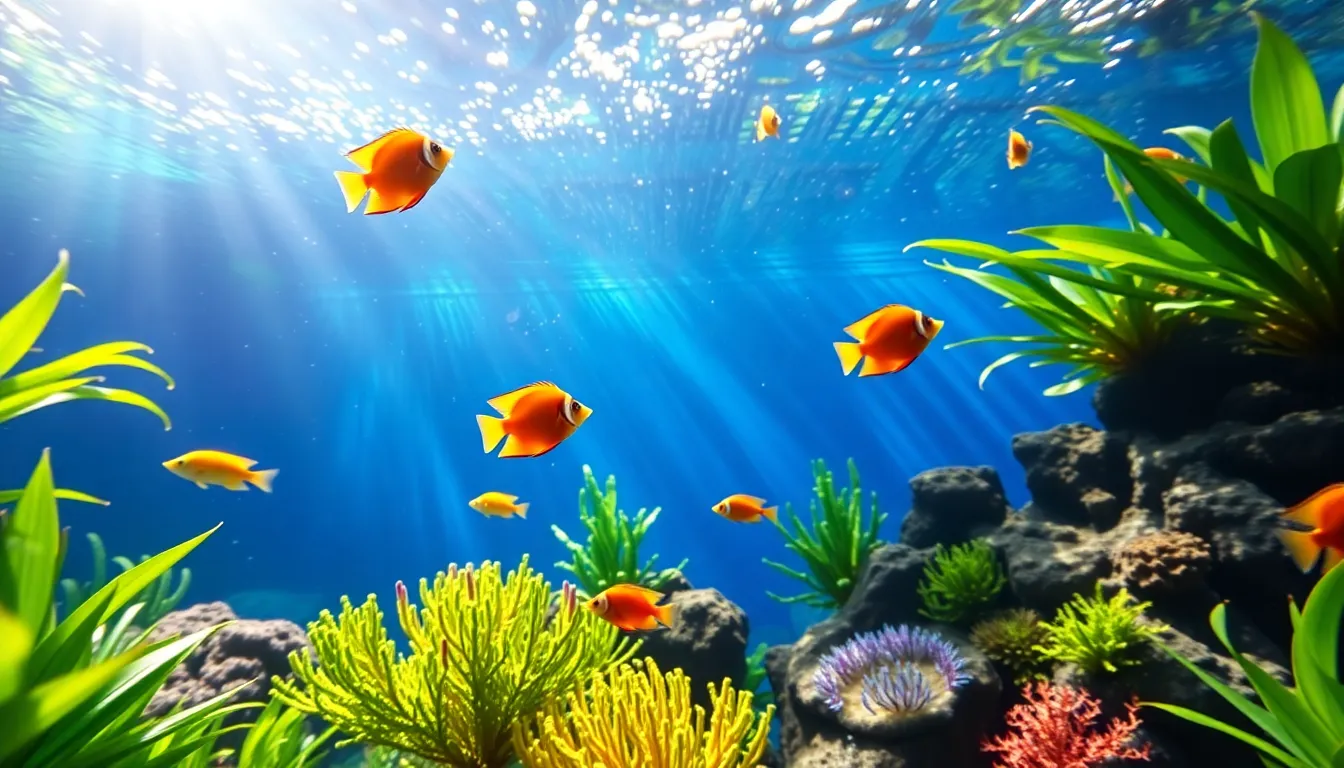 A stunning view of an aquarium filled with tropical fish and vibrant plants. The sunlight penetrates the water, creating dancing light patterns and revealing the vivid colors of both the fish and the lush greenery. The scene captures the lively underwater habitat, bringing a sense of tranquility and wonder. Bright blue and green hues dominate the image, accented by the bright colors of the fish, perfectly framed using the rule of thirds.