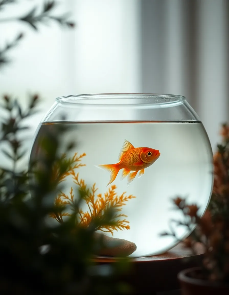 A charming setup featuring a fish bowl with elegant goldfish is beautifully lit by soft, overcast daylight. The image captures intricate details of the fish's shimmering scales through selective focus, while muted earth tones create a calming atmosphere. Decorative plants frame the bowl, adding depth to the composition and enhancing the overall aesthetic. This image resonates with the tranquility and beauty of keeping goldfish as pets in a cozy environment.