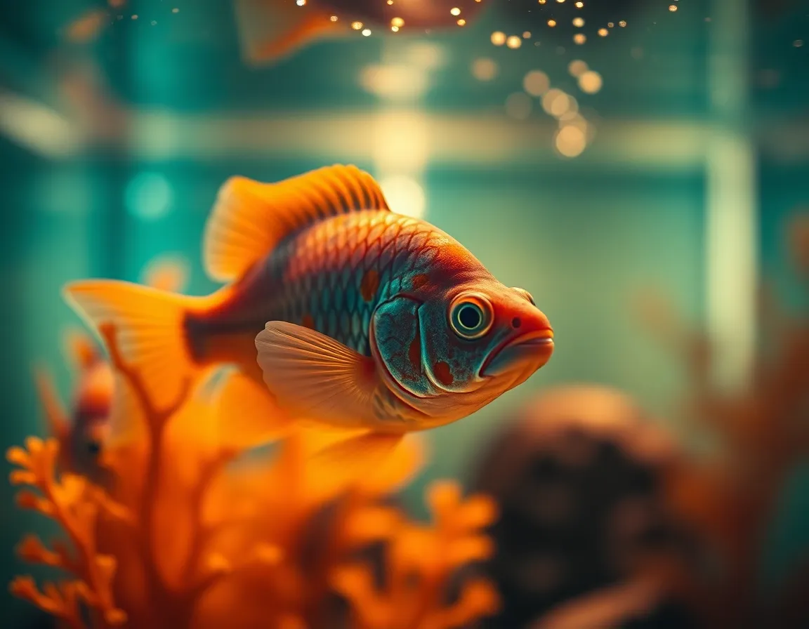 This macro shot captures the intricate details of a fish tank illuminated by warm tungsten light, showcasing the unique textures of the fish and surrounding decor. The shallow depth of field enhances the overall ethereal quality, allowing the vibrant colors of the fish to pop against a softly blurred background. The cinematic lighting creates an inviting atmosphere, making it a perfect image for aquarium lovers and interior design.