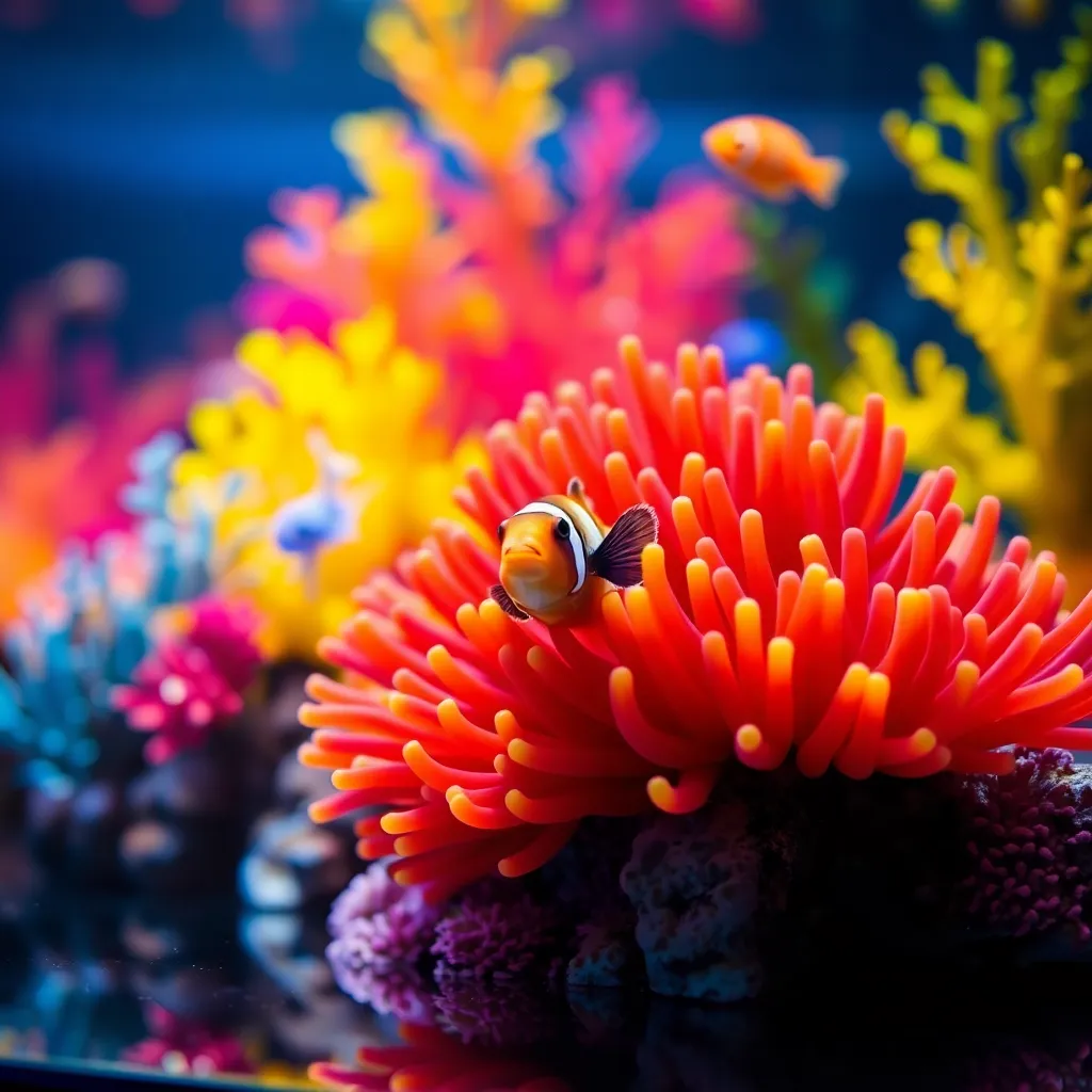 This lively image features a clownfish playfully peeking through a vibrant sea anemone in a colorful aquarium filled with cheerful decorations. The butterfly lighting softens the scene, casting a warm glow that highlights the textures of the fish and the smooth surfaces of the decor. A shallow depth of field ensures the clownfish is the primary focus, drawing viewers into its vibrant world. Perfect for pet and aquarium enthusiasts, this image celebrates the beauty of artificial underwater landscapes.