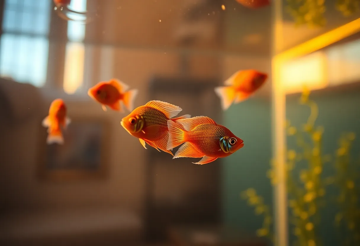 This serene image depicts a beautiful aquarium at home bathed in the warm glow of golden hour light. Colorful fish swim gracefully, illuminated by soft backlighting that enhances their vivid scales. The cozy setting invites a sense of tranquility, with the aquarium serving as the centerpiece. The shallow depth of field creates a dreamy atmosphere, blurring the background while keeping the fish in crisp focus. Perfect for showcasing the beauty of home aquariums.