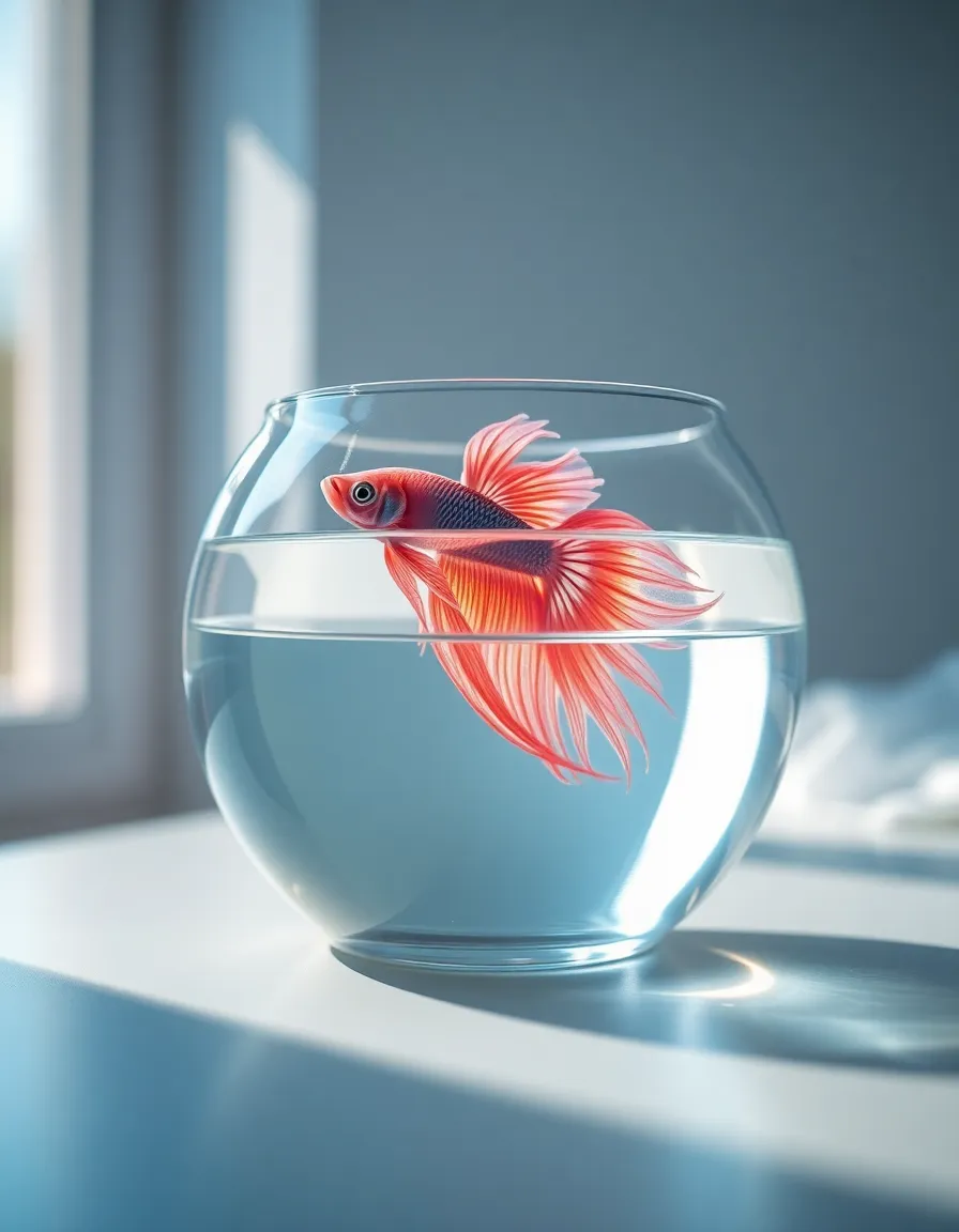 This enchanting image features a lively betta fish swimming gracefully in an elegant glass bowl, illuminated by natural light from a nearby window. The soft pastel tones of blue and pink enhance the serene atmosphere of the scene. A shallow depth of field focuses on the fish's flowing fins, while the background is artistically blurred, drawing the viewer's attention. The composition follows the rule of thirds, creating an engaging visual narrative that embodies tranquility and beauty in the aquatic world.
