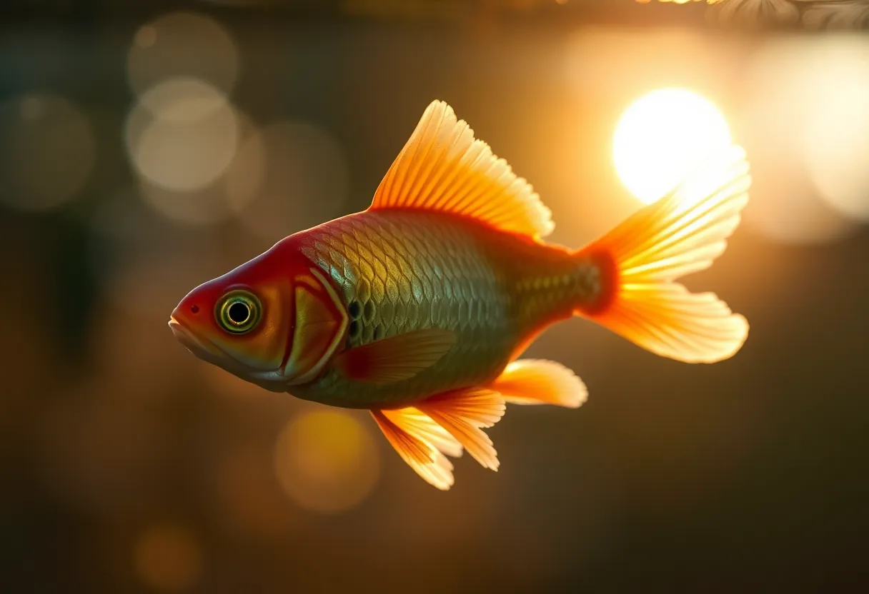 This majestic image features a goldfish gracefully swimming in its tank, illuminated by the warm glow of golden hour. The selective focus highlights the intricate details of the fish's scales and ornate fins, while the background dissolves into a painterly bokeh that enhances the tranquil atmosphere. The warm rim light adds a magical quality to the scene, making it a captivating portrayal of aquatic beauty. The natural muted tones blend harmoniously with the golden highlights.