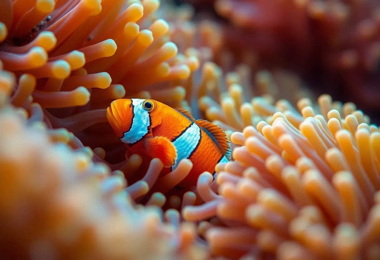 An exquisite macro photograph of a clownfish nestled among the vibrant, flowing tentacles of sea anemones. Soft natural light bathes the scene, illuminating the delicate textures and colors of both the clownfish and the anemones. The bright orange and white of the fish stand out against the lush greens and purples, creating a captivating visual impact. The shallow depth of field emphasizes the clownfish as the focal point, inviting viewers to admire the intricate details of this underwater scene.