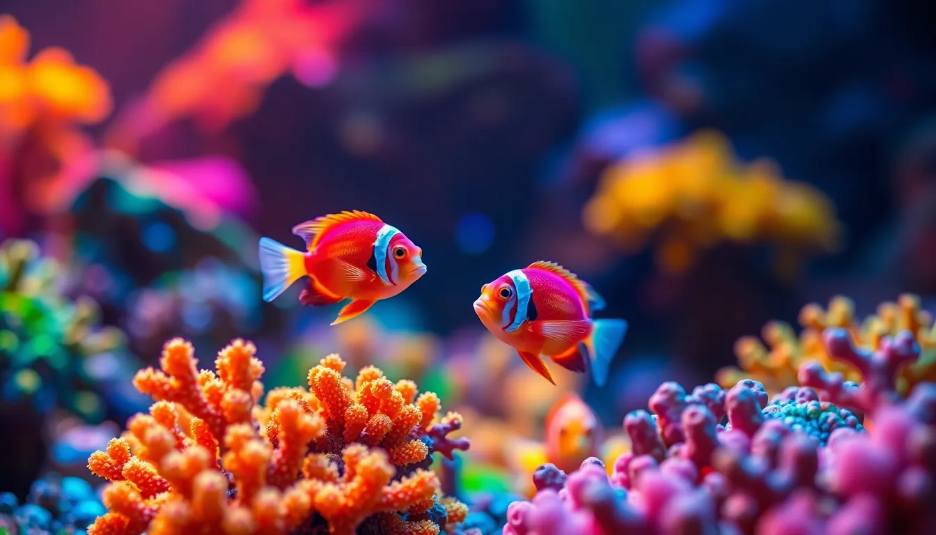 This stunning underwater scene captures a pair of vibrant angelfish swimming gracefully among vividly colored corals in a reef tank. Illuminated by a mix of warm white and colored LED lights, the scene sparkles with life, drawing attention to the intricate patterns of the corals. The dreamlike quality of the image is enhanced by a shallow depth of field, creating soft bokeh in the background while keeping the fish in sharp focus. The vibrant color palette contributes to the lively atmosphere, immersing the viewer in an enchanting aquatic world.