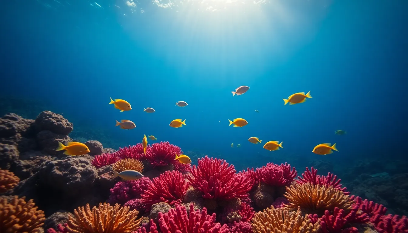 Explore the vibrancy of marine life with this stunning macro shot of a coral reef, teeming with colorful fish and intricate corals. The underwater scene is infused with filtered light, creating a magical atmosphere. Each fish swims gracefully among the vivid hues of the coral, showcasing nature's artistry. This image, bursting with color and detail, invites viewers to appreciate the extraordinary beauty of underwater ecosystems.