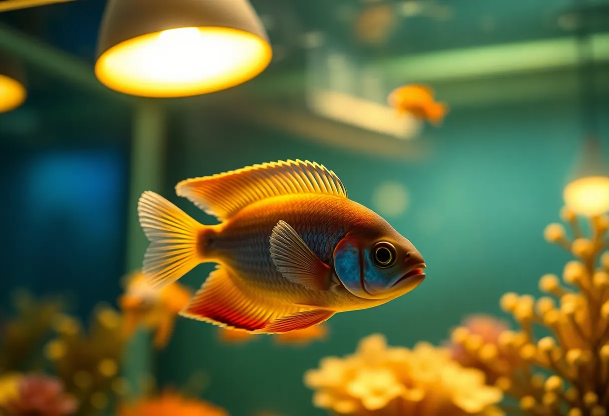 Luxurious Aquarium with Exotic Fish This striking macro shot showcases a luxurious aquarium filled with exotic fish and elegant aquatic decor. The warm glow of the tungsten lamp creates dramatic lighting that highlights the shimmering scales of the fish and the intricate details of the decorations. With a shallow depth of field, the background softly blurs away, drawing attention to the vibrant colors of the aquatic life. The composition adheres to the rule of thirds, ensuring a visually appealing image.
