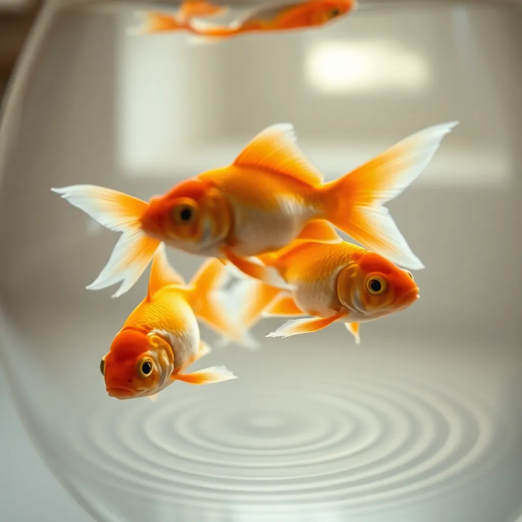 This captivating close-up features a goldfish gracefully swimming in a glass bowl, illuminated by soft natural daylight. The vivid colors of the fish contrast beautifully with the textured ripples in the water. The shallow depth of field creates a dreamy effect, drawing attention to the fish's delicate movements. Ideal for nature and pet lovers, this image radiates tranquility, showcasing the beauty of aquatic creatures.